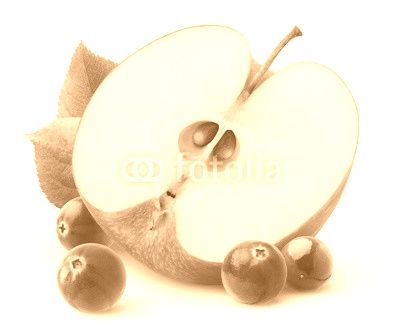 Isolated apple and cranberries. Half of red apple fruit and fresh cranberries isolated on white background with clipping path