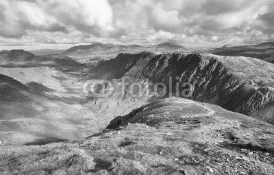 Views of Newlands Beck, High Spy, Narrow Moor and Maiden Moor in the Derwent Fells from the summit of Dale Head, Lake District, England, UK.