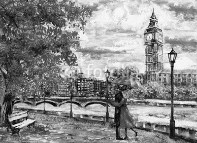oil painting on canvas, street of london. Artwork. Big ben. man and woman under an red umbrella. Tree. England. Bridge and river