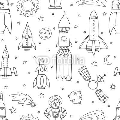 Seamless pattern with space objects: ufo, rockets, aliens. Hand-