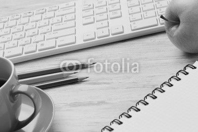 Business workplace keyboard and other stuff . Mixed media