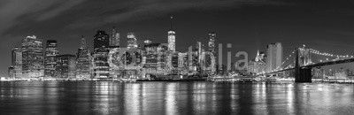 Black and white New York City at night panoramic picture, USA.