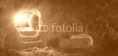 Tomb Empty With Shroud And Crucifixion At Sunrise - Resurrection Of Jesus

