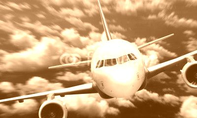 Airplane flying from nose view