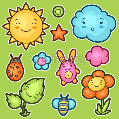 Set of kawaii doodles with different facial expressions. Spring collection cheerful cartoon characters sun, cloud, flower, leaf, beetles and decorative objects