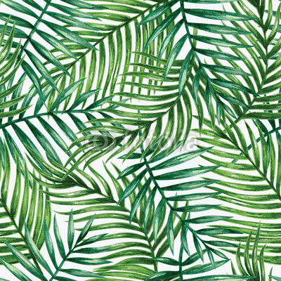 Watercolor tropical palm leaves seamless pattern. Vector illustration.