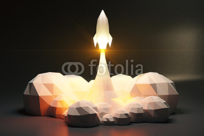 Blasts off space rocket from cosmodrom, polygonal style