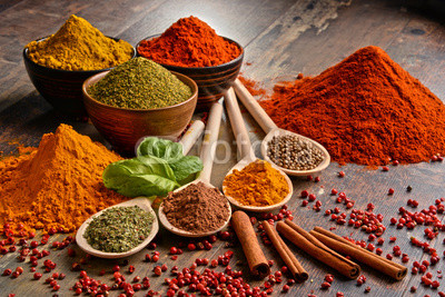 Variety of spices on kitchen table