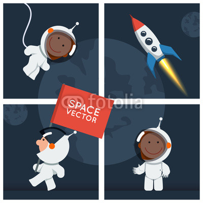 Little funny astronaut floated in space with rocket