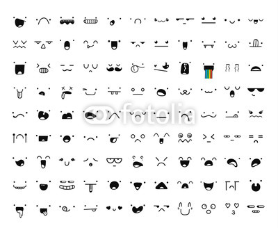 Set of 99 different pieces of doddle emotions to create characters. Emotions for design. Anime. Anger and joy. Surprised and hurt. Indifference and shock. Laughter and tears. Emotions handmade