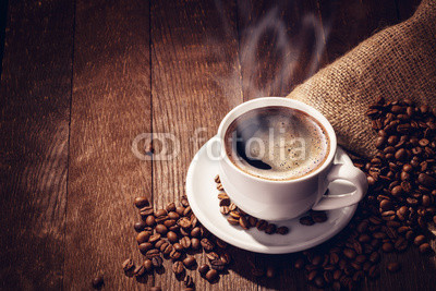Cup coffee beans wooden