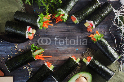 background Sushi rolls on top space for lettering does long