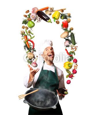 Chef juggling with vegetables and other food in the kitchen