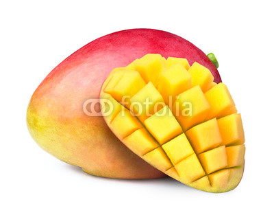 Mango with half sliced to cubes isolated on white background, with clipping path