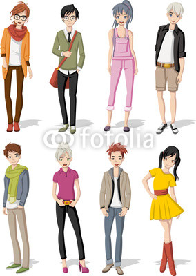 Group of cartoon young people. Manga anime teenagers.
