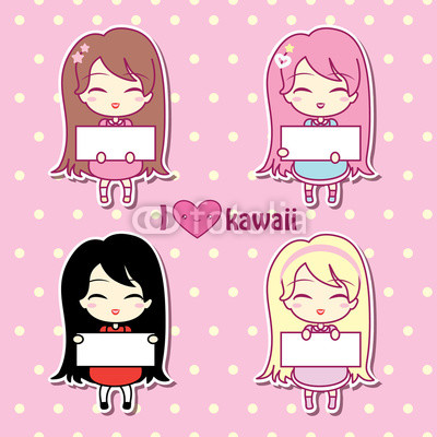 Set collections of four cute girls holding blank frames.