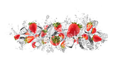 Strawberries in water splash on white background