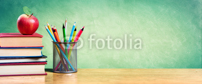 Apple On Stack Of Books With Pencils And Blank Chalkboard - Back To School
