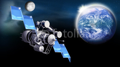Satellit auf der Umlaufbahn im Weltall,  Erde und Mond
