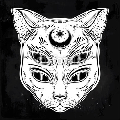 Black cat head portrait with moon and four eyes.