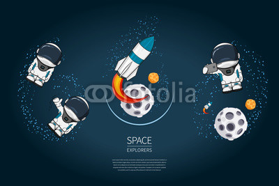 Set of Modern design vector illustration with rocket Launch, astronaut, planet. universe exploration and new technology. Template for poster.