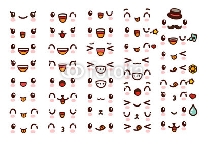 Collection of cute lovely kawaii emoticon emoji Doodle cartoon face , smile , happy , wink , excited , sleepy , chill , kiss , crazy , sweet in childlike manga cartoon style - Vector file EPS10
