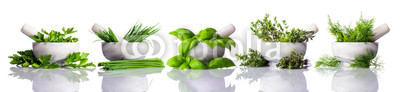 Pestle and Mortar with Green Herbs on White Background