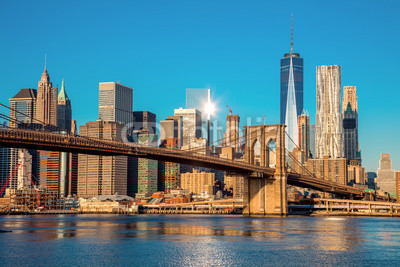 Famous Skyline of downtown New York City at early morning light