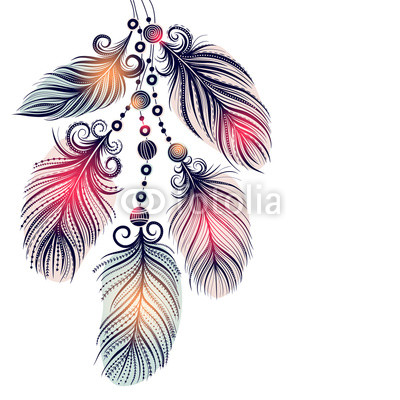 Template greeting card or invitation with feathers