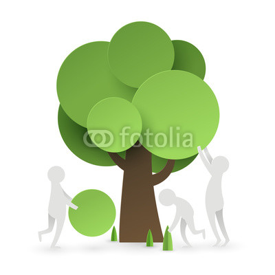 Paper art of  people try to set up and build tree