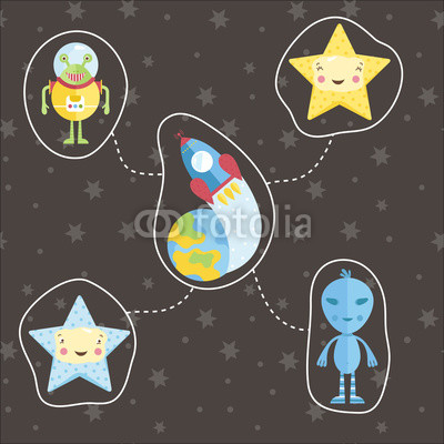 Space icons in cartoon style. Rocket flying around Earth, aliens characters, smiling cute stars vectors set isolated on starry grey background. Astronomic concept for childrens book illustrating