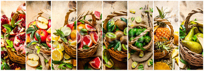 Food collage of fresh fruits in the basket .