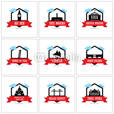 9 World famous Landmarks logo Ribbon banner with clouds. Landmarks vector collection.