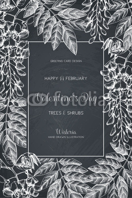 Wisteria sketch background. Valentine's Day card or invitation design with hand drawn tree in flowers. Vintage floral illustration. Wedding decor on chalkboard.