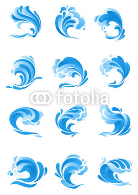 Waves, water splashes vector isolated icons