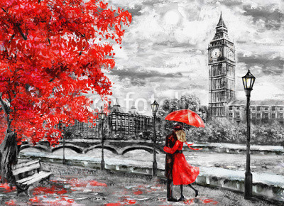 oil painting on canvas, street of london. Artwork. Big ben. man and woman under an red umbrella. Tree. England. Bridge and river
