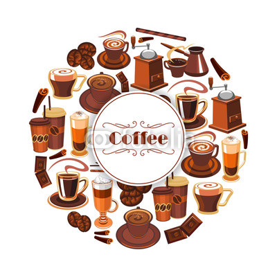 Coffee vector poster of espresso, latte hot drinks