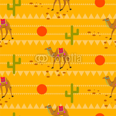 Desert camels in sands seamless pattern. Yellow ground with cactus and red sun tribal vector background.