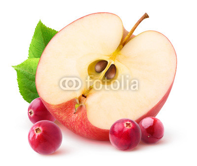 Isolated apple and cranberries. Half of red apple fruit and fresh cranberries isolated on white background with clipping path