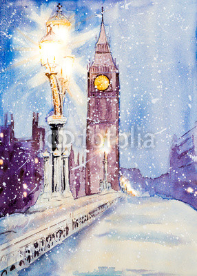 London, Westminster Abbey, Westminster Bridge at dusk. Snow. Wat