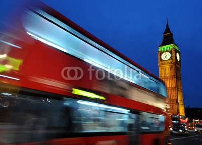Big Ben and a red double-decker bus at night, London,