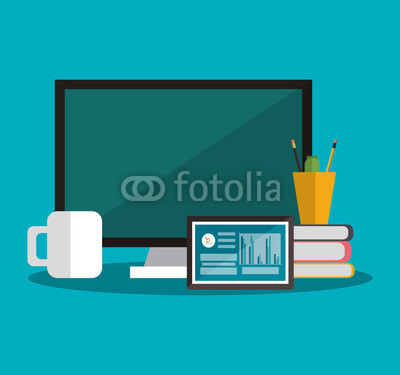 computer with  stack of books and tablet  over blue background. office workplace concept. .colorful design. vector illustration