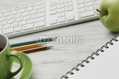 Business workplace keyboard and other stuff . Mixed media