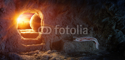 Tomb Empty With Shroud And Crucifixion At Sunrise - Resurrection Of Jesus
