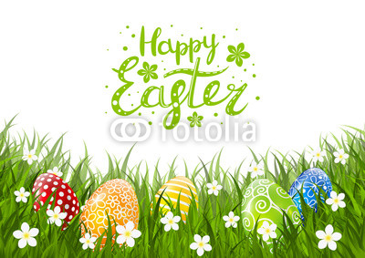 Color Easter eggs on green grass