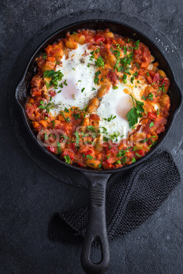 baked eggs with spicy beans and tomato sauce.