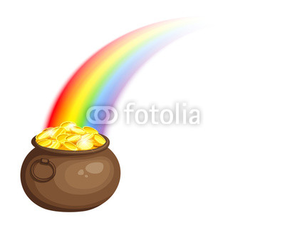 Vector St. Patrick's day illustration with leprechaun's pot of gold and rainbow isolated on a white background.