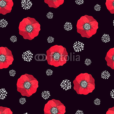 Seamless abstract watercolor poppies pattern. Vector black and red floral background.