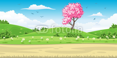 Illustration of a spring landscape with tree