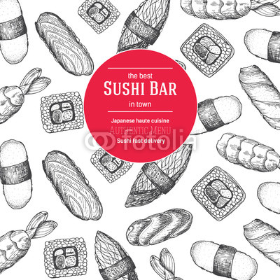Japanese food vector illustration. Hand drawn Sushi design template. Card for restaurant menu